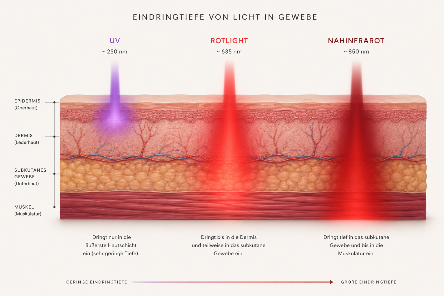 Infografik zur Photobiomodulation und zur Wirkung von Rotlicht auf Zellebene